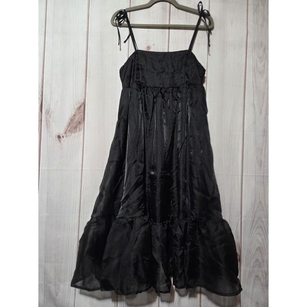 Wild Fable Womens Black Satin Tie Strap Tiered‎ Babydoll Midi Dress Medium NEW
